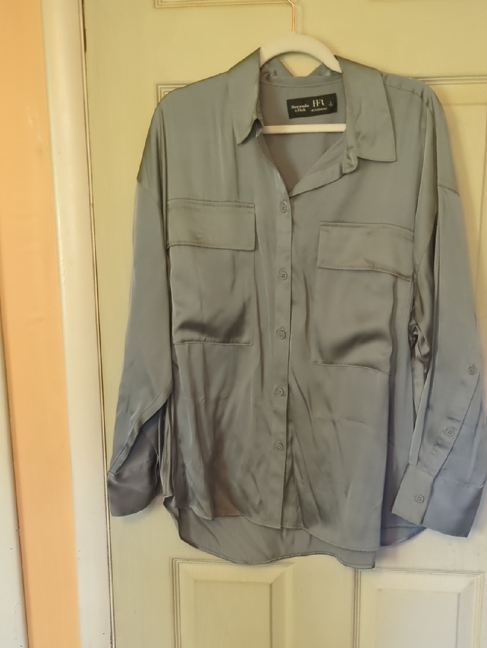 NWOT Abercrombie Fitch HFR Large Satin Silver  Button Down Shirt